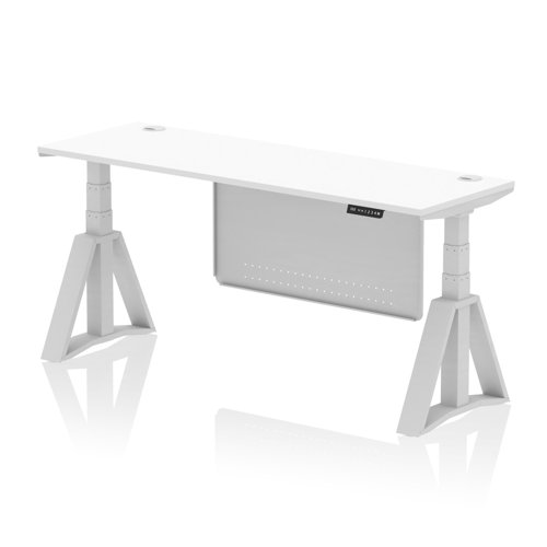 Air Modesty 1800 x 600mm Height Adjustable Office Desk White Top Cable Ports Silver Leg With Silver Steel Modesty Panel with Piste Foot