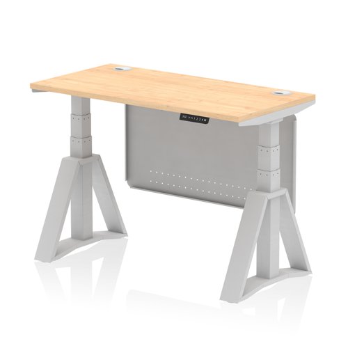 Air Modesty 1200 x 600mm Height Adjustable Office Desk Maple Top Cable Ports Silver Leg With Silver Steel Modesty Panel with Piste Foot