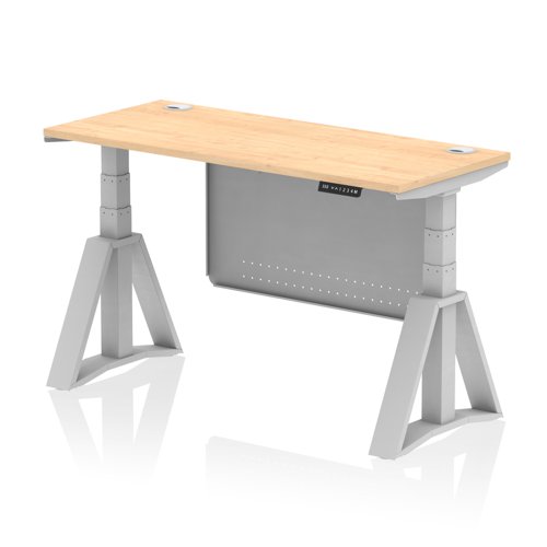 Air Modesty 1400 x 600mm Height Adjustable Office Desk Maple Top Cable Ports Silver Leg With Silver Steel Modesty Panel with Piste Foot