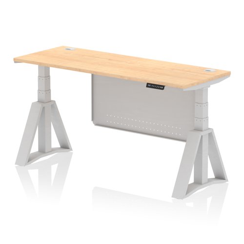 Air Modesty 1600 x 600mm Height Adjustable Office Desk Maple Top Cable Ports Silver Leg With Silver Steel Modesty Panel with Piste Foot