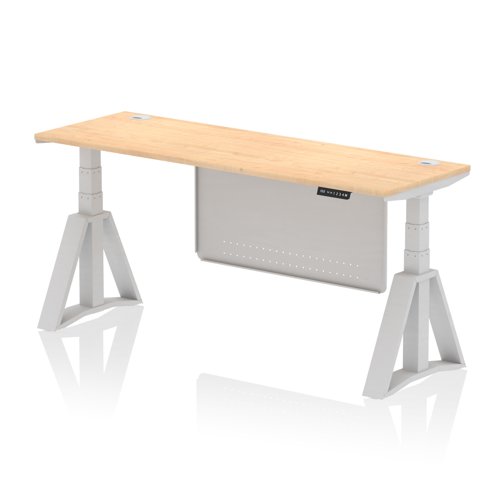 Air Modesty 1800 x 600mm Height Adjustable Office Desk Maple Top Cable Ports Silver Leg With Silver Steel Modesty Panel with Piste Foot