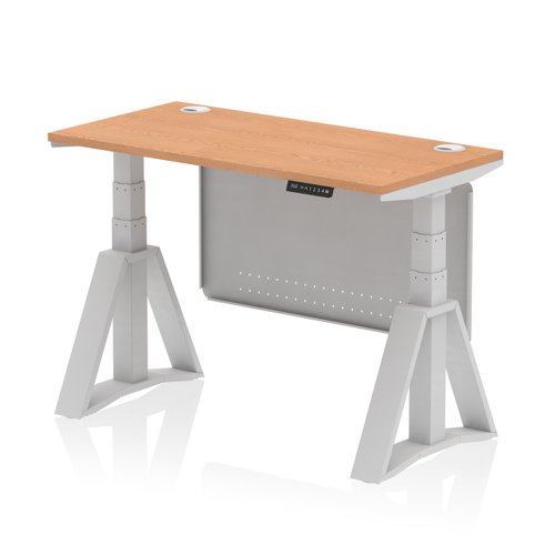 Air Modesty 1200 x 600mm Height Adjustable Office Desk Oak Top Cable Ports Silver Leg With Silver Steel Modesty Panel with Piste Foot