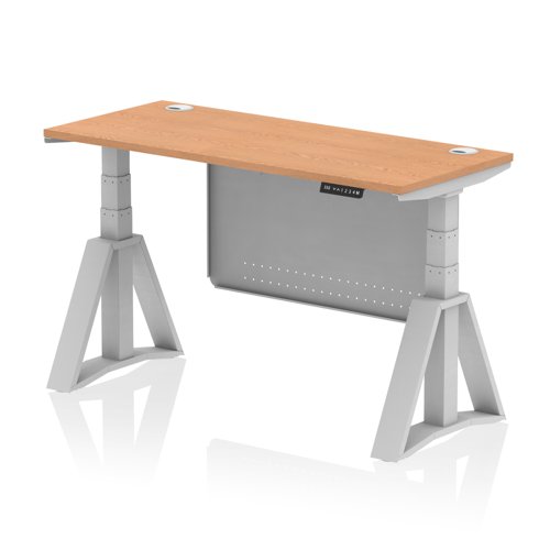 Air Modesty 1400 x 600mm Height Adjustable Office Desk Oak Top Cable Ports Silver Leg With Silver Steel Modesty Panel with Piste Foot