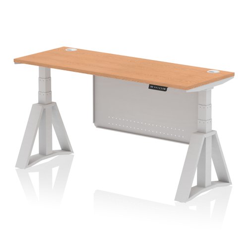Air Modesty 1600 x 600mm Height Adjustable Office Desk Oak Top Cable Ports Silver Leg With Silver Steel Modesty Panel with Piste Foot