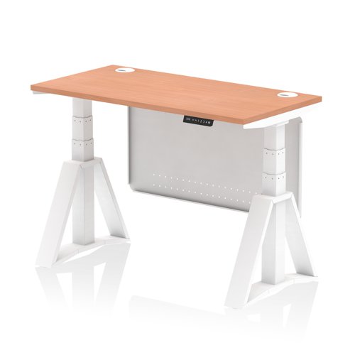 Air Modesty 1200 x 600mm Height Adjustable Office Desk Beech Top Cable Ports White Leg With White Steel Modesty Panel with Piste Foot