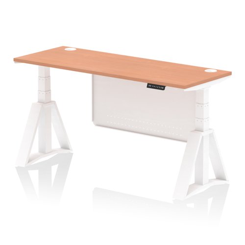 Air Modesty 1600 x 600mm Height Adjustable Office Desk Beech Top Cable Ports White Leg With White Steel Modesty Panel with Piste Foot