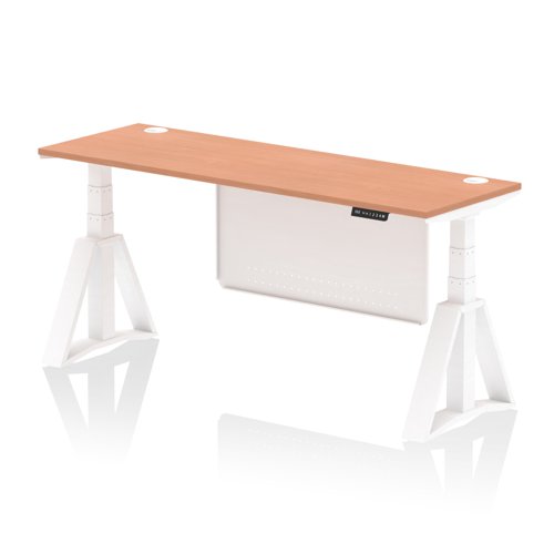 Air Modesty 1800 x 600mm Height Adjustable Office Desk Beech Top Cable Ports White Leg With White Steel Modesty Panel with Piste Foot