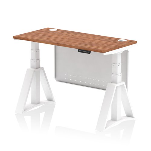 Air Modesty 1200 x 600mm Height Adjustable Office Desk Walnut Top Cable Ports White Leg With White Steel Modesty Panel with Piste Foot