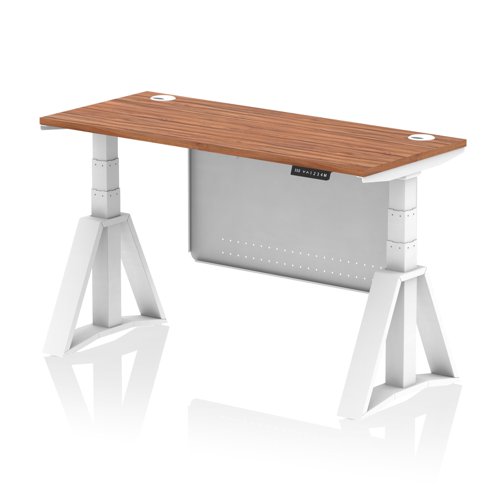 Air Modesty 1400 x 600mm Height Adjustable Office Desk Walnut Top Cable Ports White Leg With White Steel Modesty Panel with Piste Foot