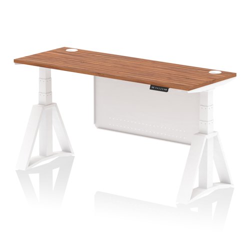 Air Modesty 1600 x 600mm Height Adjustable Office Desk Walnut Top Cable Ports White Leg With White Steel Modesty Panel with Piste Foot