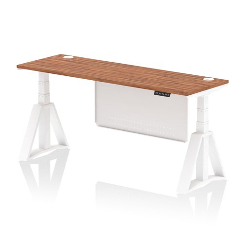 Air Modesty 1800 x 600mm Height Adjustable Office Desk Walnut Top Cable Ports White Leg With White Steel Modesty Panel with Piste Foot