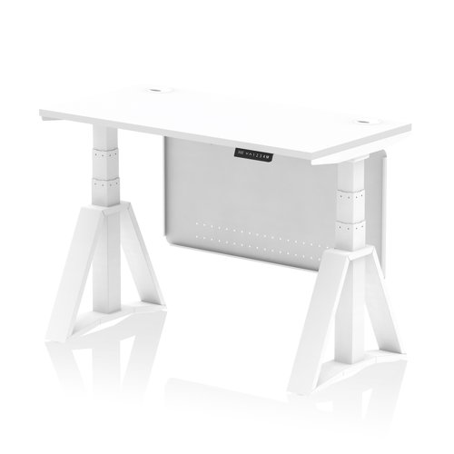 Air Modesty 1200 x 600mm Height Adjustable Office Desk White Top Cable Ports White Leg With White Steel Modesty Panel with Piste Foot