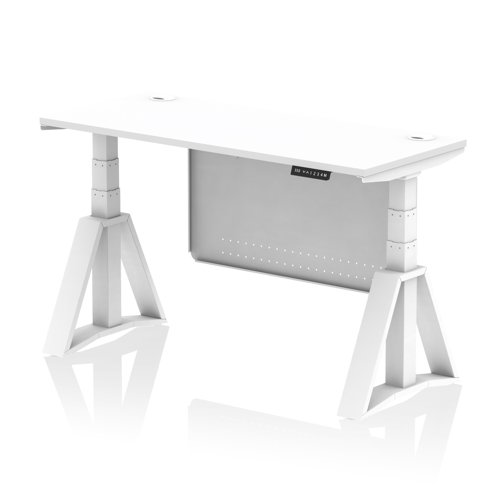 Air Modesty 1400 x 600mm Height Adjustable Office Desk White Top Cable Ports White Leg With White Steel Modesty Panel with Piste Foot
