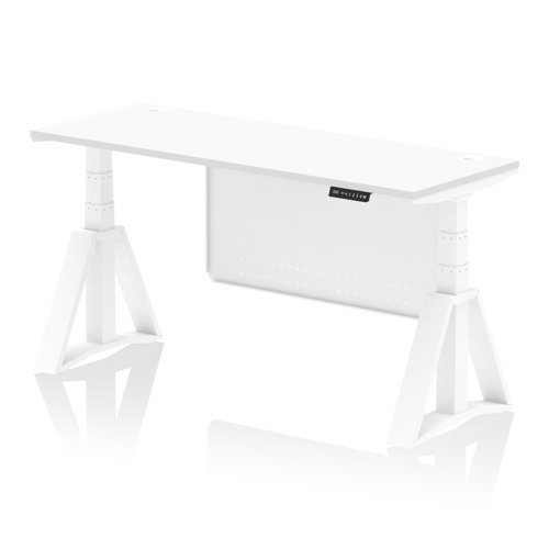 Air Modesty 1600 x 600mm Height Adjustable Office Desk White Top Cable Ports White Leg With White Steel Modesty Panel with Piste Foot