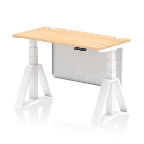 Air Modesty 1200 x 600mm Height Adjustable Office Desk Maple Top Cable Ports White Leg With White Steel Modesty Panel with Piste Foot
