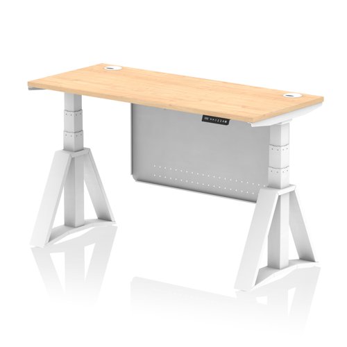 Air Modesty 1400 x 600mm Height Adjustable Office Desk Maple Top Cable Ports White Leg With White Steel Modesty Panel with Piste Foot