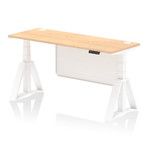 Air Modesty 1600 x 600mm Height Adjustable Office Desk Maple Top Cable Ports White Leg With White Steel Modesty Panel with Piste Foot