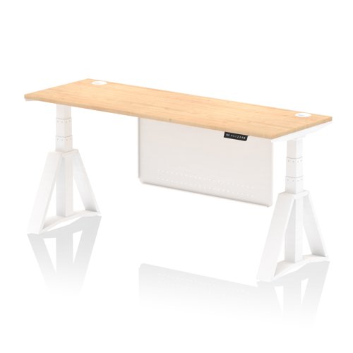 Air Modesty 1800 x 600mm Height Adjustable Office Desk Maple Top Cable Ports White Leg With White Steel Modesty Panel with Piste Foot