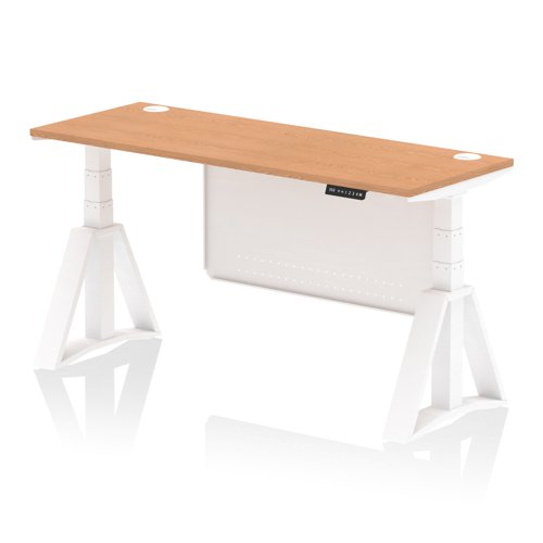 Air Modesty 1600 x 600mm Height Adjustable Office Desk Oak Top Cable Ports White Leg With White Steel Modesty Panel with Piste Foot