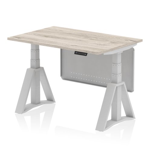 Air Modesty 1200 x 800mm Height Adjustable Office Desk Grey Oak Top Silver Leg With Silver Steel Modesty Panel with Piste Foot