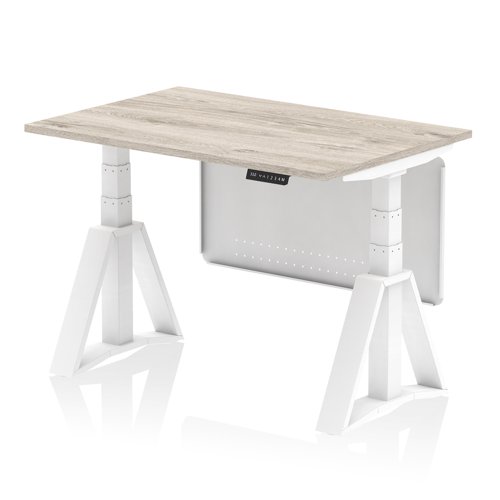 Air Modesty 1200 x 800mm Height Adjustable Office Desk Grey Oak Top White Leg With White Steel Modesty Panel with Piste Foot