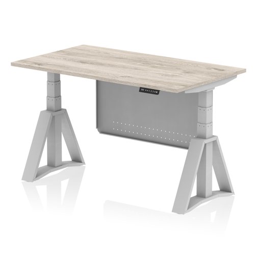 Air Modesty 1400 x 800mm Height Adjustable Office Desk Grey Oak Top Silver Leg With Silver Steel Modesty Panel with Piste Foot