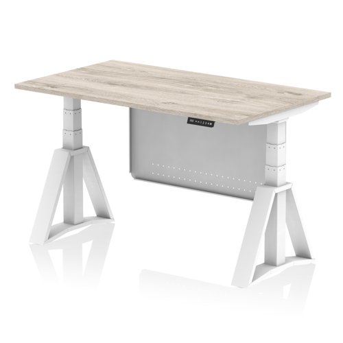 Air Modesty 1400 x 800mm Height Adjustable Office Desk Grey Oak Top White Leg With White Steel Modesty Panel with Piste Foot