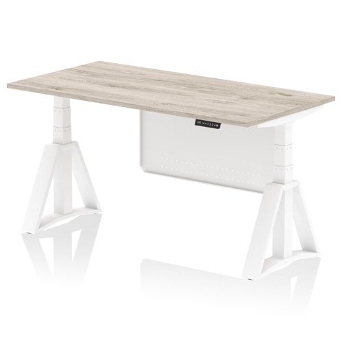 Air Modesty 1600 x 800mm Height Adjustable Office Desk Grey Oak Top White Leg With White Steel Modesty Panel with Piste Foot