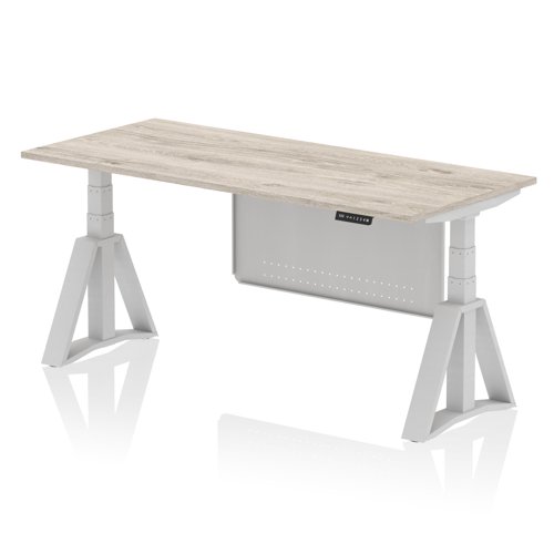 Air Modesty 1800 x 800mm Height Adjustable Office Desk Grey Oak Top Silver Leg With Silver Steel Modesty Panel with Piste Foot
