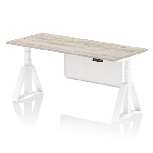 Air Modesty 1800 x 800mm Height Adjustable Office Desk Grey Oak Top White Leg With White Steel Modesty Panel with Piste Foot