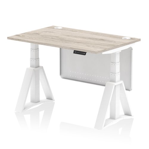 Air Modesty 1200 x 800mm Height Adjustable Office Desk Grey Oak Top Cable Ports White Leg With White Steel Modesty Panel with Piste Foot
