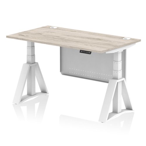 Air Modesty 1400 x 800mm Height Adjustable Office Desk Grey Oak Top Cable Ports White Leg With White Steel Modesty Panel with Piste Foot