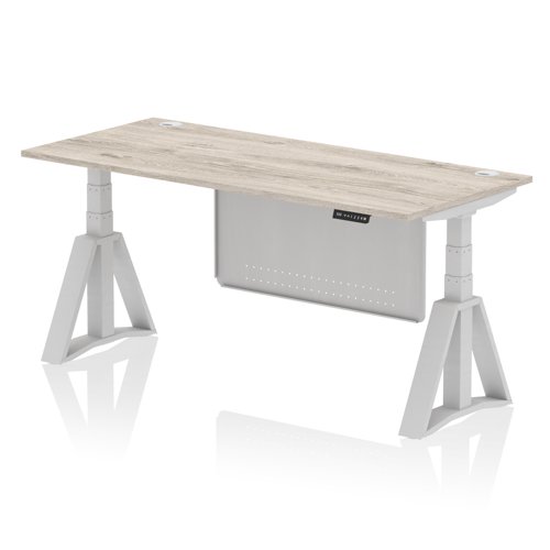 Air Modesty 1800 x 800mm Height Adjustable Office Desk Grey Oak Top Cable Ports Silver Leg With Silver Steel Modesty Panel with Piste Foot