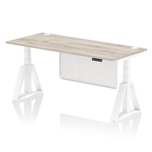 Air Modesty 1800 x 800mm Height Adjustable Office Desk Grey Oak Top Cable Ports White Leg With White Steel Modesty Panel with Piste Foot