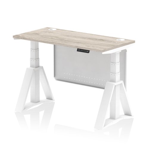 Air Modesty 1200 x 600mm Height Adjustable Office Desk Grey Oak Top Cable Ports White Leg With White Steel Modesty Panel with Piste Foot