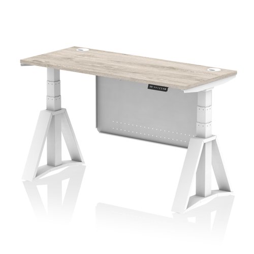 Air Modesty 1400 x 600mm Height Adjustable Office Desk Grey Oak Top Cable Ports White Leg With White Steel Modesty Panel with Piste Foot