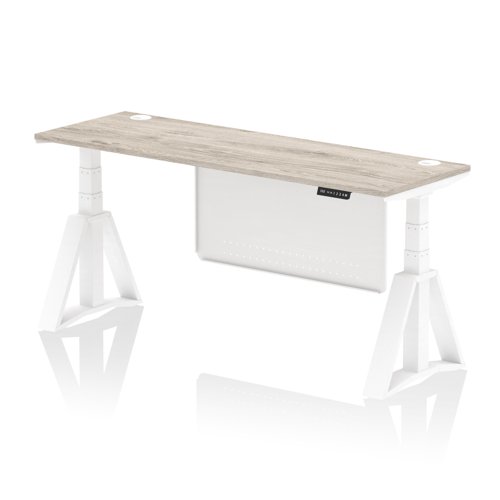 Air Modesty 1800 x 600mm Height Adjustable Office Desk Grey Oak Top Cable Ports White Leg With White Steel Modesty Panel with Piste Foot