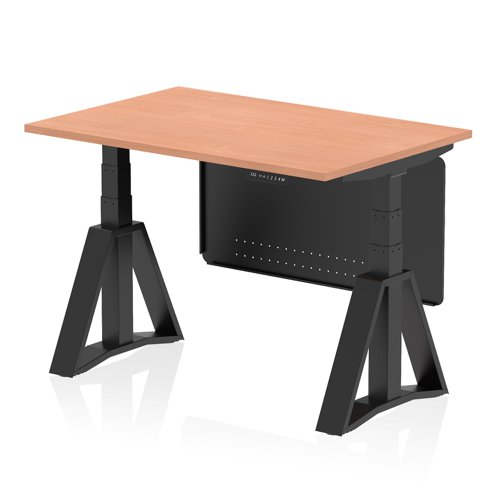 Air Modesty 1200 x 800mm Height Adjustable Office Desk Beech Top Black Leg With Black Steel Modesty Panel with Piste Foot