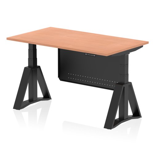 Air Modesty 1400 x 800mm Height Adjustable Office Desk Beech Top Black Leg With Black Steel Modesty Panel with Piste Foot
