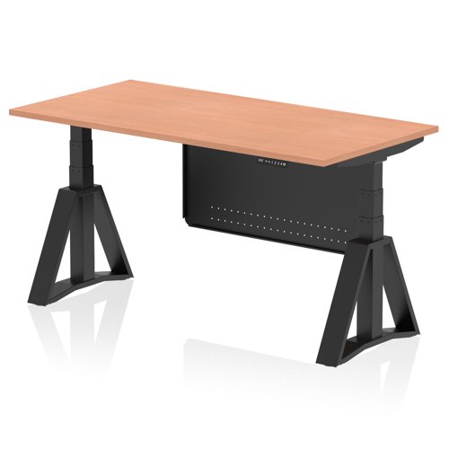 Air Modesty 1600 x 800mm Height Adjustable Office Desk Beech Top Black Leg With Black Steel Modesty Panel with Piste Foot