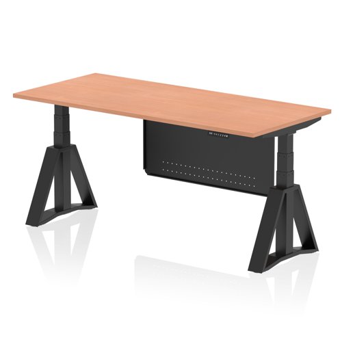 Air Modesty 1800 x 800mm Height Adjustable Office Desk Beech Top Black Leg With Black Steel Modesty Panel with Piste Foot