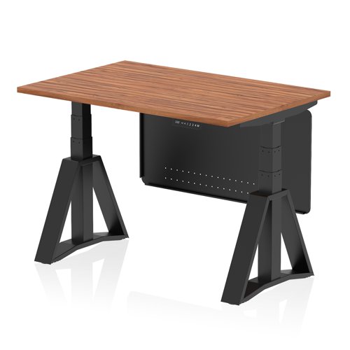 Air Modesty 1200 x 800mm Height Adjustable Office Desk Walnut Top Black Leg With Black Steel Modesty Panel with Piste Foot