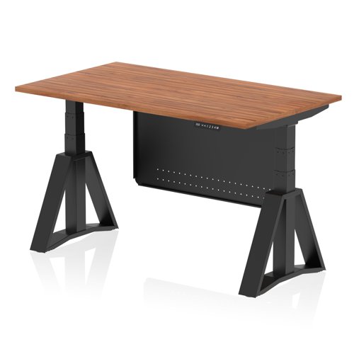 Air Modesty 1400 x 800mm Height Adjustable Office Desk Walnut Top Black Leg With Black Steel Modesty Panel with Piste Foot