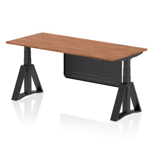 Air Modesty 1800 x 800mm Height Adjustable Office Desk Walnut Top Black Leg With Black Steel Modesty Panel with Piste Foot