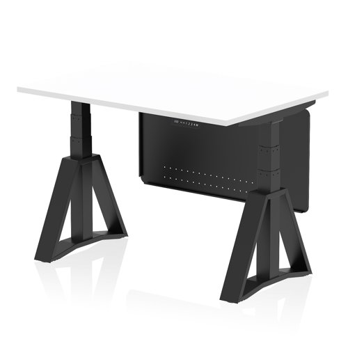 Air Modesty 1200 x 800mm Height Adjustable Office Desk White Top Black Leg With Black Steel Modesty Panel with Piste Foot