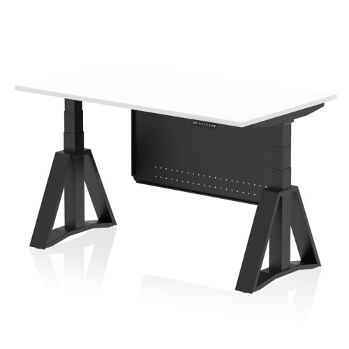 Air Modesty 1400 x 800mm Height Adjustable Office Desk White Top Black Leg With Black Steel Modesty Panel with Piste Foot