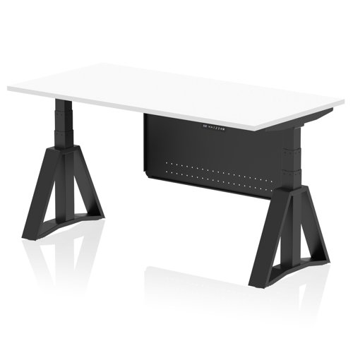 Air Modesty 1600 x 800mm Height Adjustable Office Desk White Top Black Leg With Black Steel Modesty Panel with Piste Foot