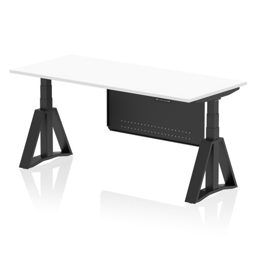 Air Modesty 1800 x 800mm Height Adjustable Office Desk White Top Black Leg With Black Steel Modesty Panel with Piste Foot