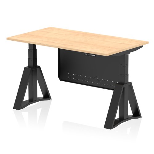 Air Modesty 1400 x 800mm Height Adjustable Office Desk Maple Top Black Leg With Black Steel Modesty Panel with Piste Foot