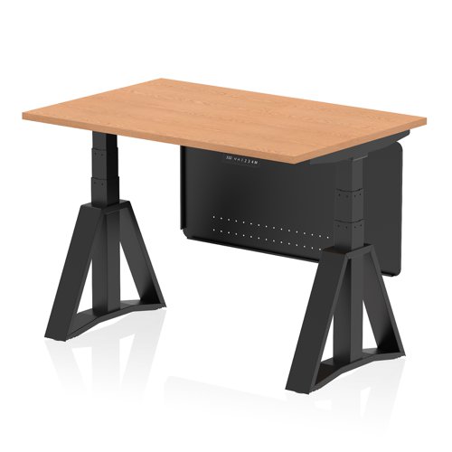 Air Modesty 1200 x 800mm Height Adjustable Office Desk Oak Top Black Leg With Black Steel Modesty Panel with Piste Foot